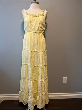 Sim & Sam Yellow Cotton Gingham Tiered Cottagecore Maxi Dress